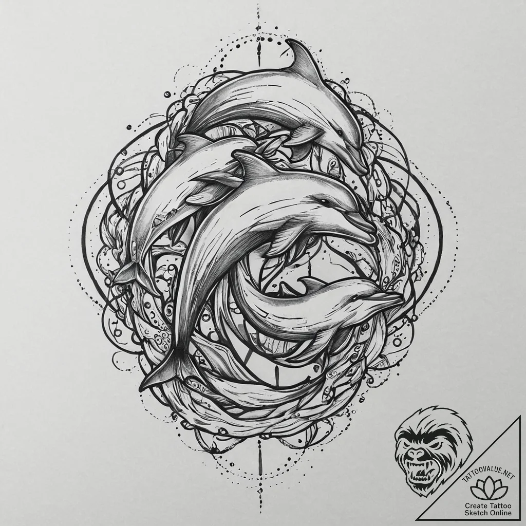 A powerful pod of dolphins, working together... - tattoo sketch (№1752018518_0, 08.07.2025 23:48) — tattoovalue.net