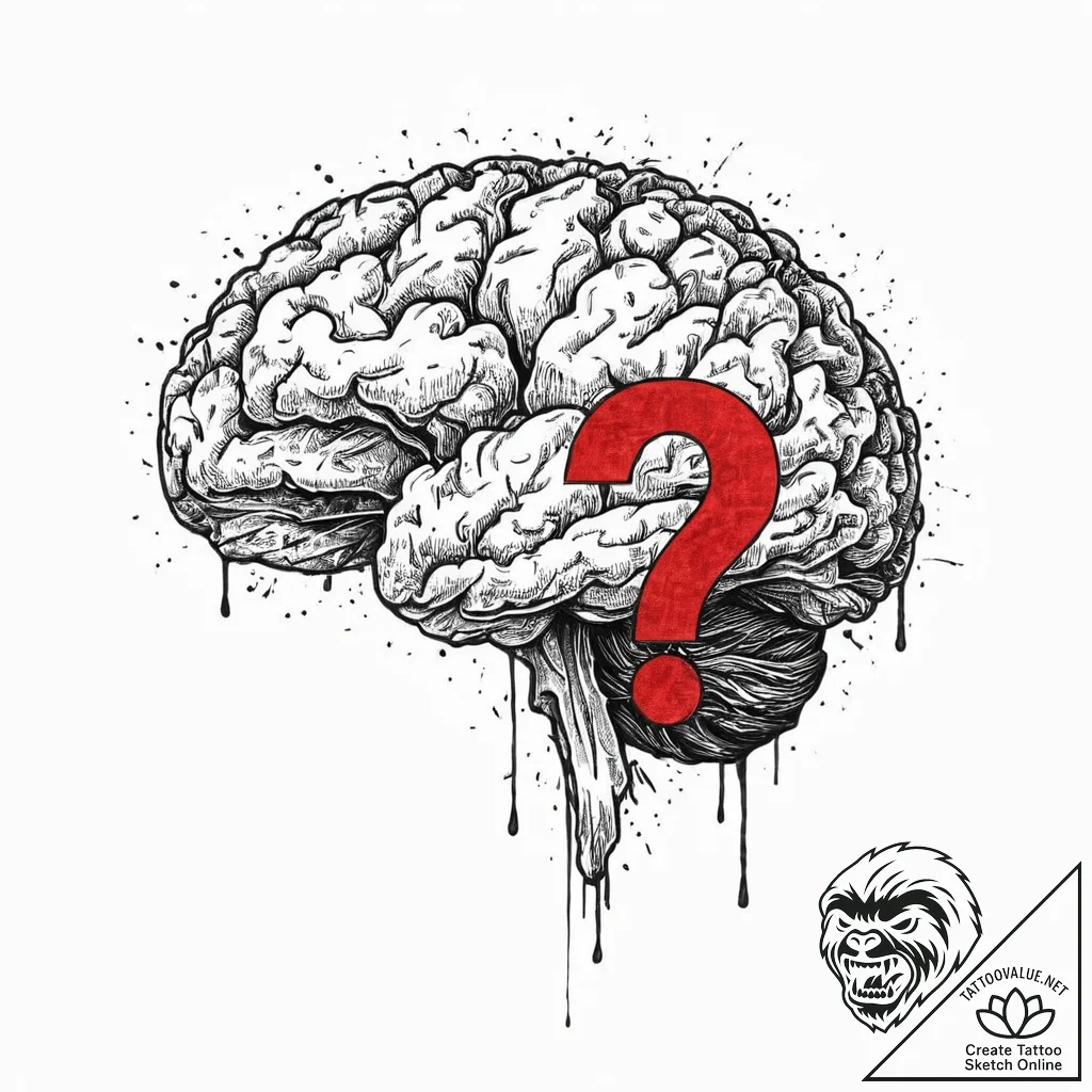 A realistic human brain, with a bold, red que... - tattoo sketch (№1752018940_0, 08.07.2025 23:55) — tattoovalue.net