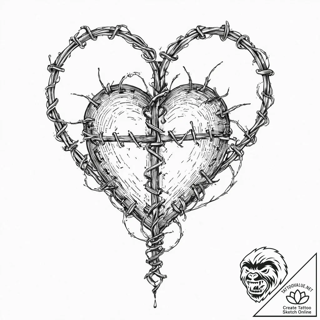 A human heart, wrapped tightly in barbed wire... - tattoo sketch (№1752019028_0, 08.07.2025 23:57) — tattoovalue.net