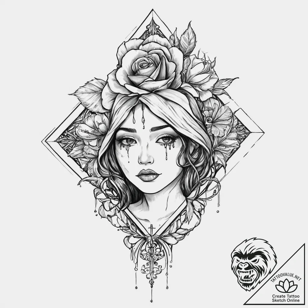 A woman whose tears are gold leaf flakes, tat... - tattoo sketch (№1752019198_0, 08.07.2025 23:59) — tattoovalue.net