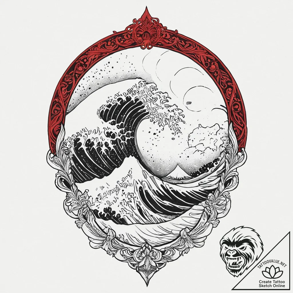 A single, powerful wave, cresting and crashin... - tattoo sketch (№1752020308_0, 09.07.2025 00:18) — tattoovalue.net