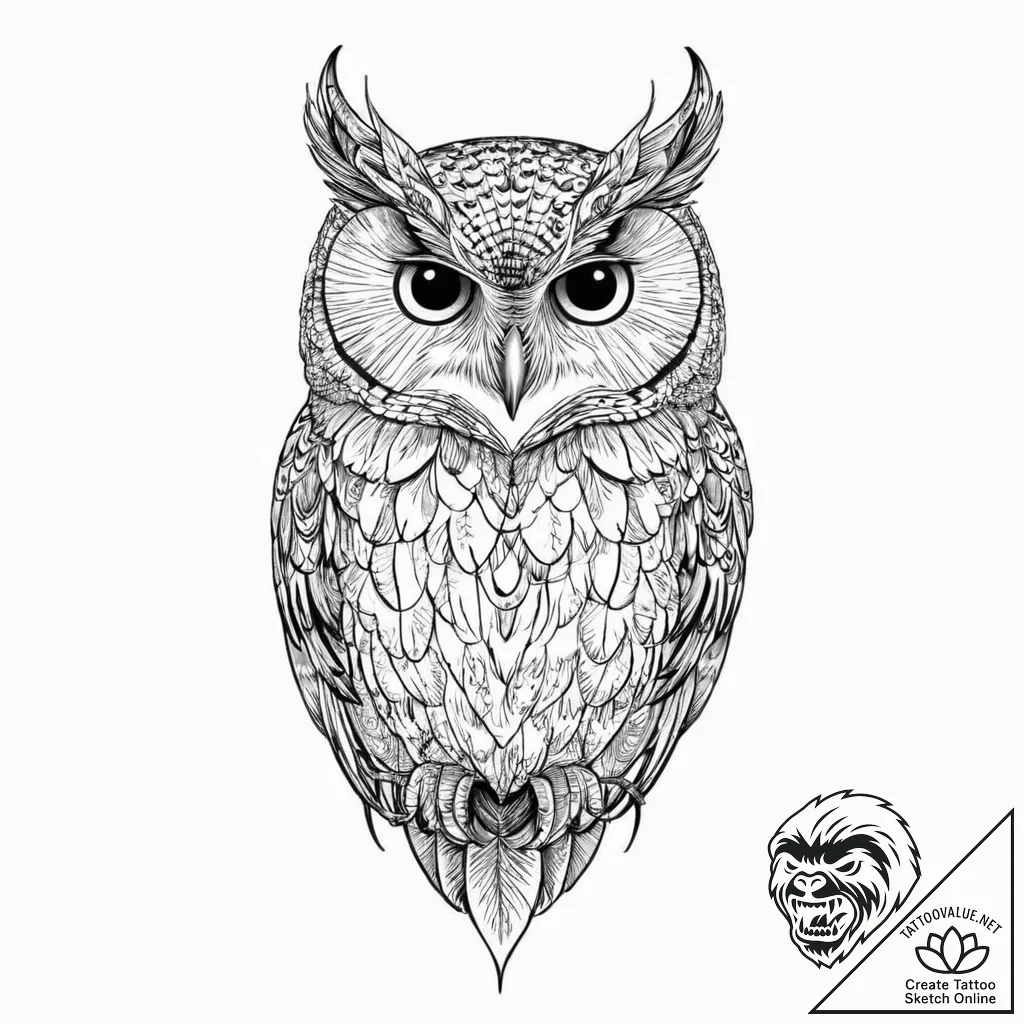 A beautiful, but focused owl, its head turned... - tattoo sketch (№1752020814_0, 09.07.2025 00:26) — tattoovalue.net