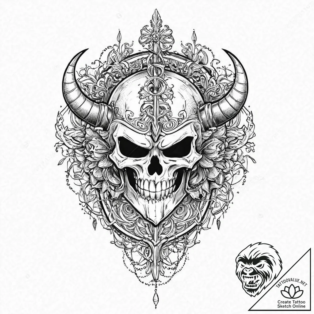 A beautiful, ornate battle helmet, with a dem... - tattoo sketch (№1752021755_0, 09.07.2025 00:42) — tattoovalue.net