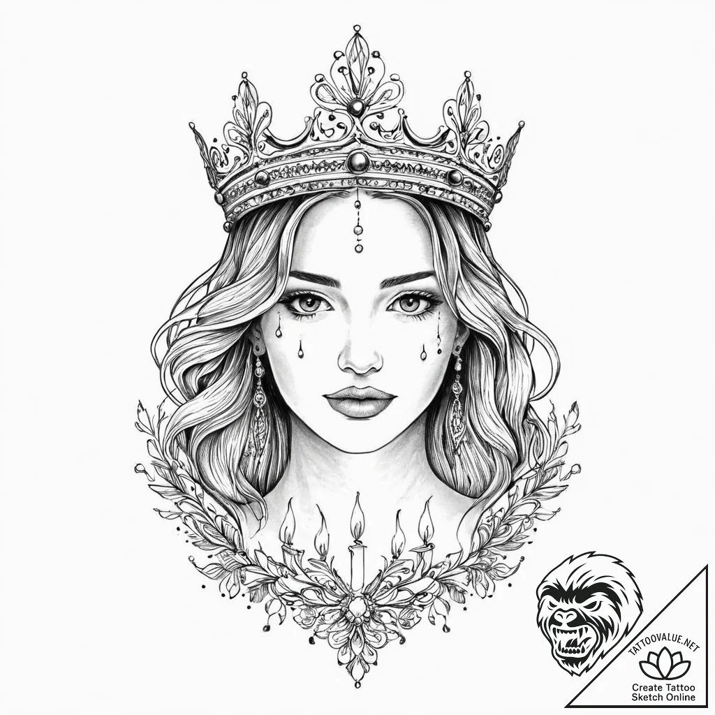 A woman wearing a crown of lit candles, ink i... - tattoo sketch (№1752021841_0, 09.07.2025 00:44) — tattoovalue.net