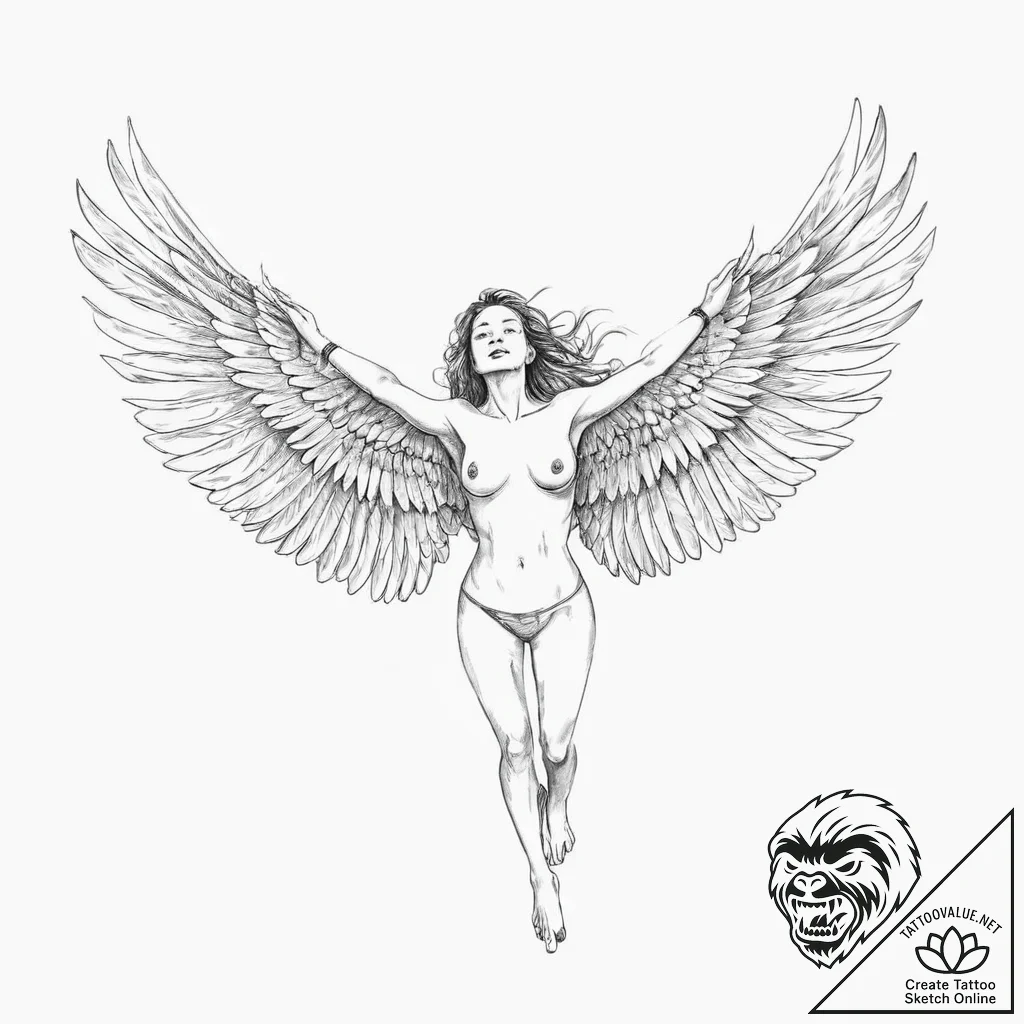 A woman's body with bird wings, about to take... - tattoo sketch (№1752022697_0, 09.07.2025 00:58) — tattoovalue.net