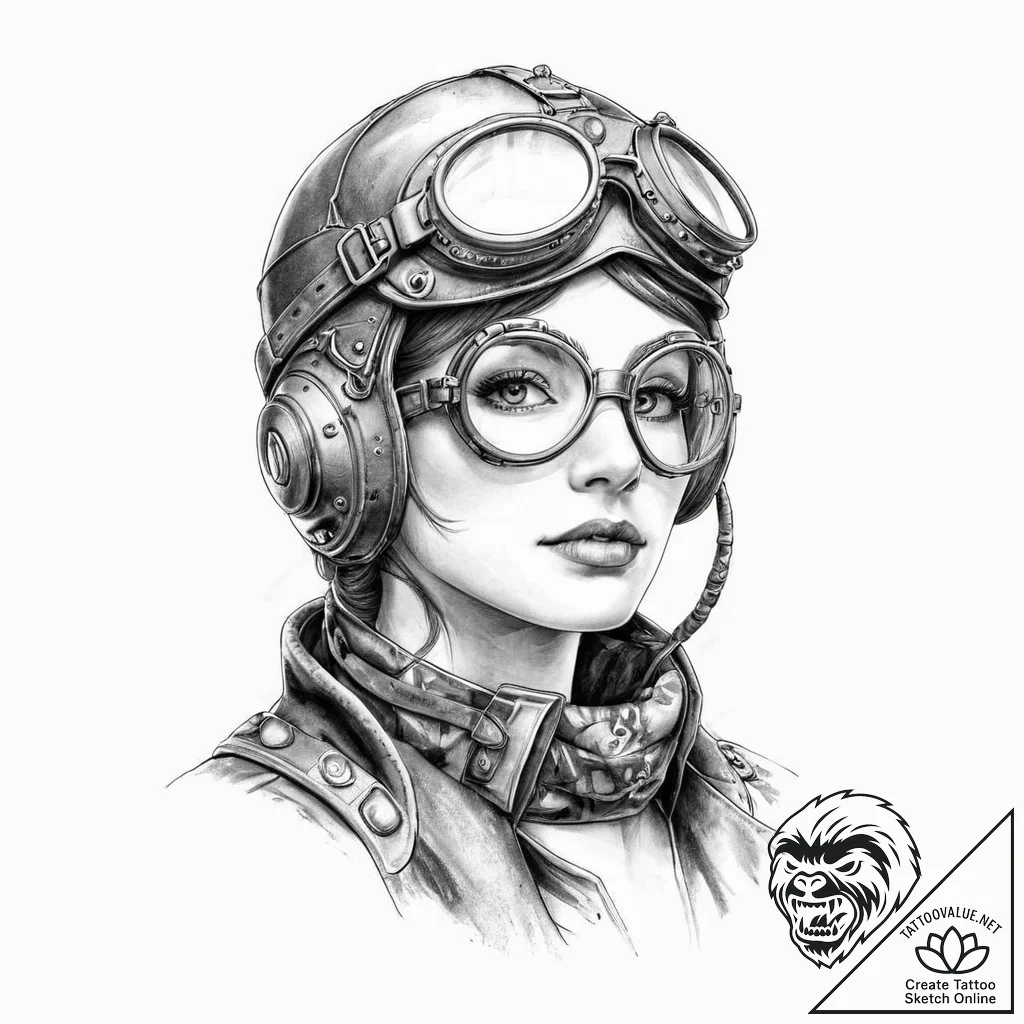 A steampunk aviatrix with goggles and a leath... - tattoo sketch (№1752023037_0, 09.07.2025 01:03) — tattoovalue.net