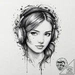 A girl wearing headphones, music notes flowin… – tattoo sketch (№1752053624_0, 09.07.2025 09:33) — tattoovalue.net