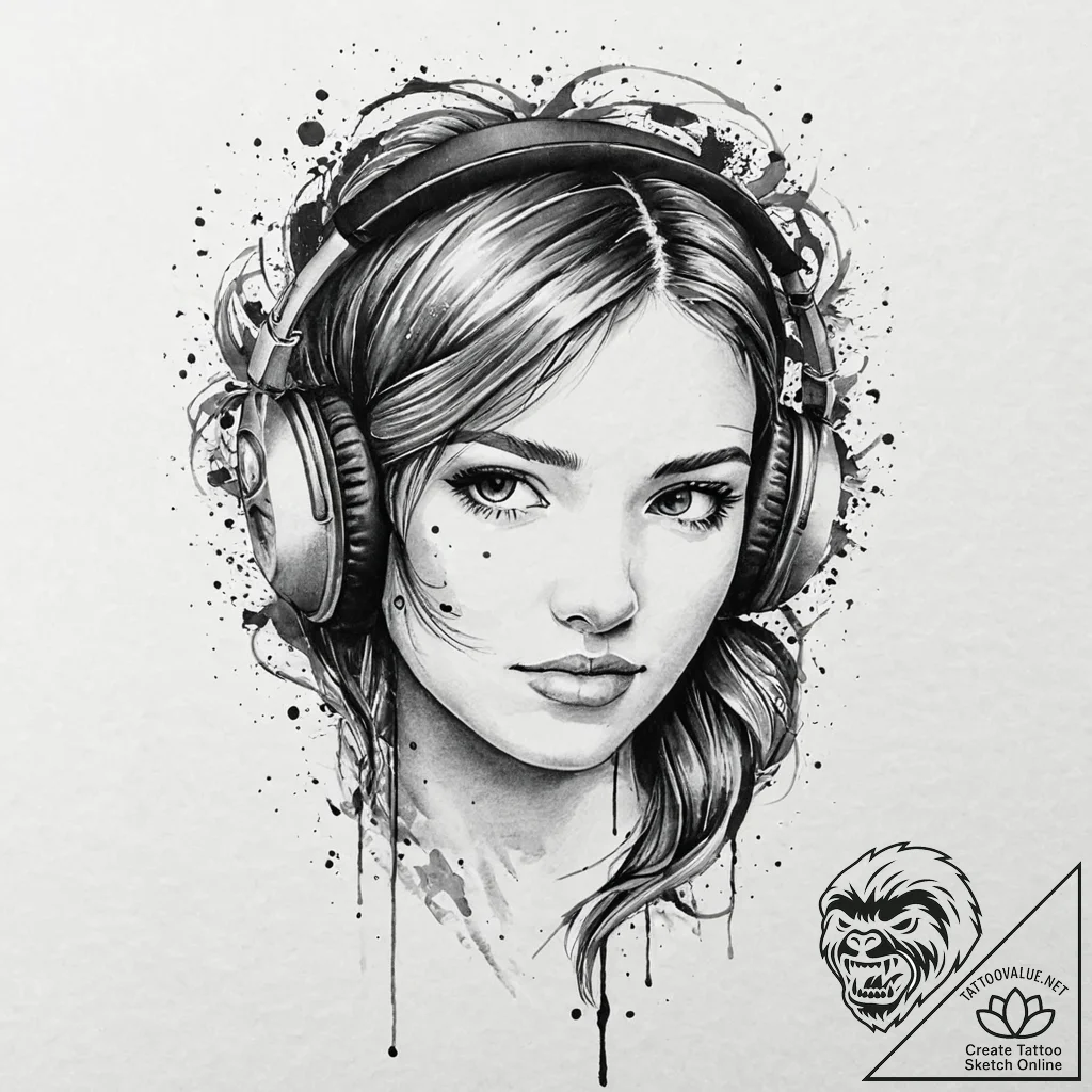 A girl wearing headphones, music notes flowin... - tattoo sketch (№1752053624_0, 09.07.2025 09:33) — tattoovalue.net