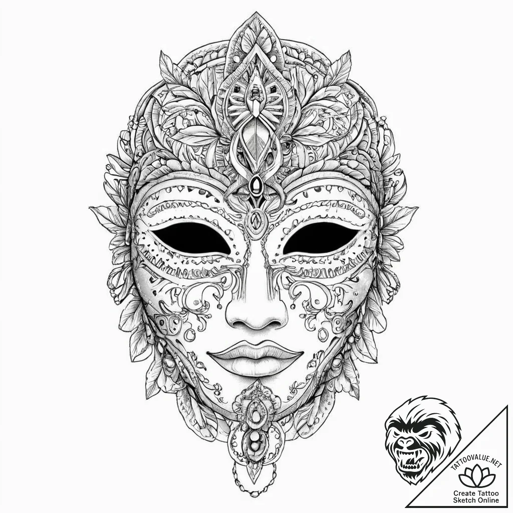 A beautiful, ornate war mask from a forgotten... - tattoo sketch (№1752054222_0, 09.07.2025 09:43) — tattoovalue.net