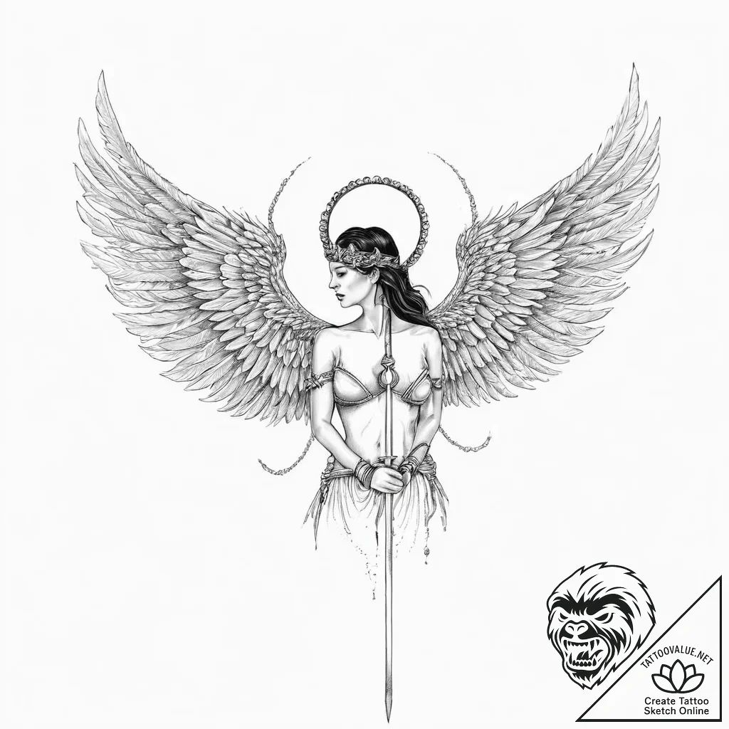A valkyrie with magnificent feathered wings a... - tattoo sketch (№1752054479_0, 09.07.2025 09:47) — tattoovalue.net