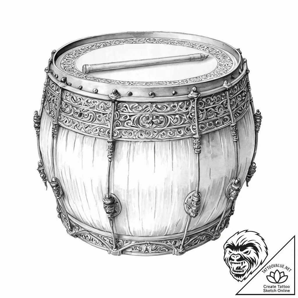 A beautiful, ornate war drum, its surface is... - tattoo sketch (№1752055410_0, 09.07.2025 10:03) — tattoovalue.net
