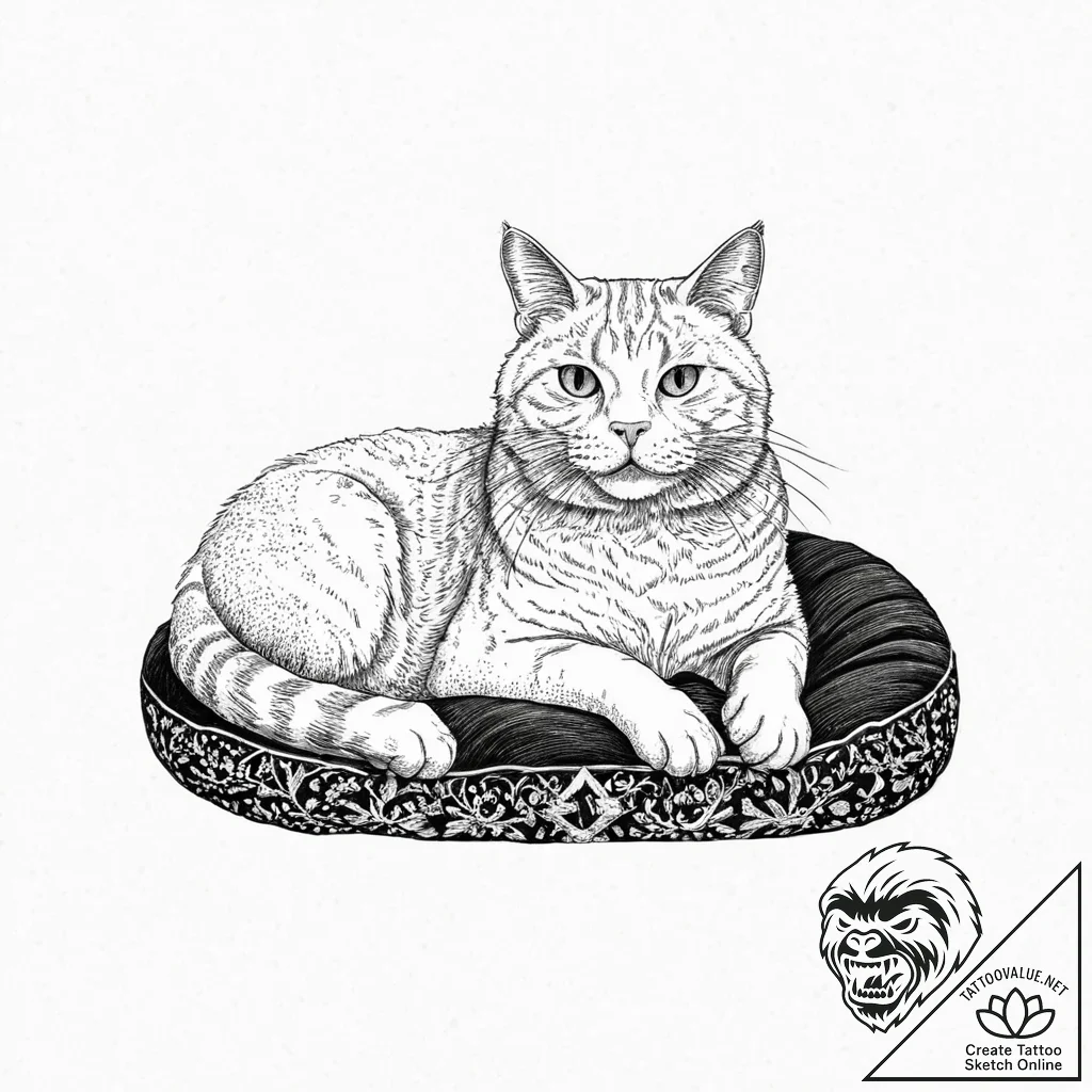 A gluttonous, fat cat, lounging on a velvet c... - tattoo sketch (№1752055579_0, 09.07.2025 10:06) — tattoovalue.net
