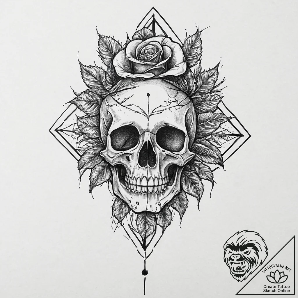 A skull, with a single, perfect, red rose gro... - tattoo sketch (№1752057048_0, 09.07.2025 10:30) — tattoovalue.net