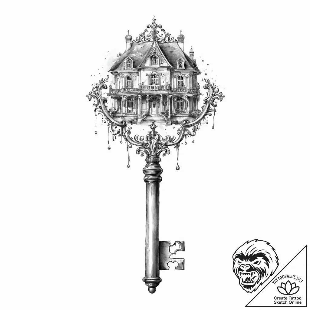 A beautiful, ornate key to a mansion, artisti... - tattoo sketch (№1752057126_0, 09.07.2025 10:32) — tattoovalue.net