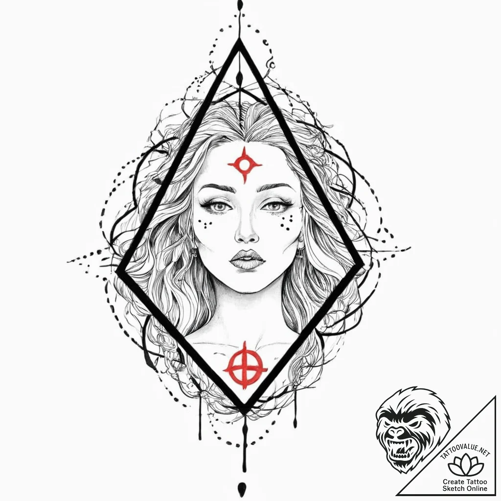 A witch with glowing runes on her face, whisp... - tattoo sketch (№1752057291_0, 09.07.2025 10:34) — tattoovalue.net