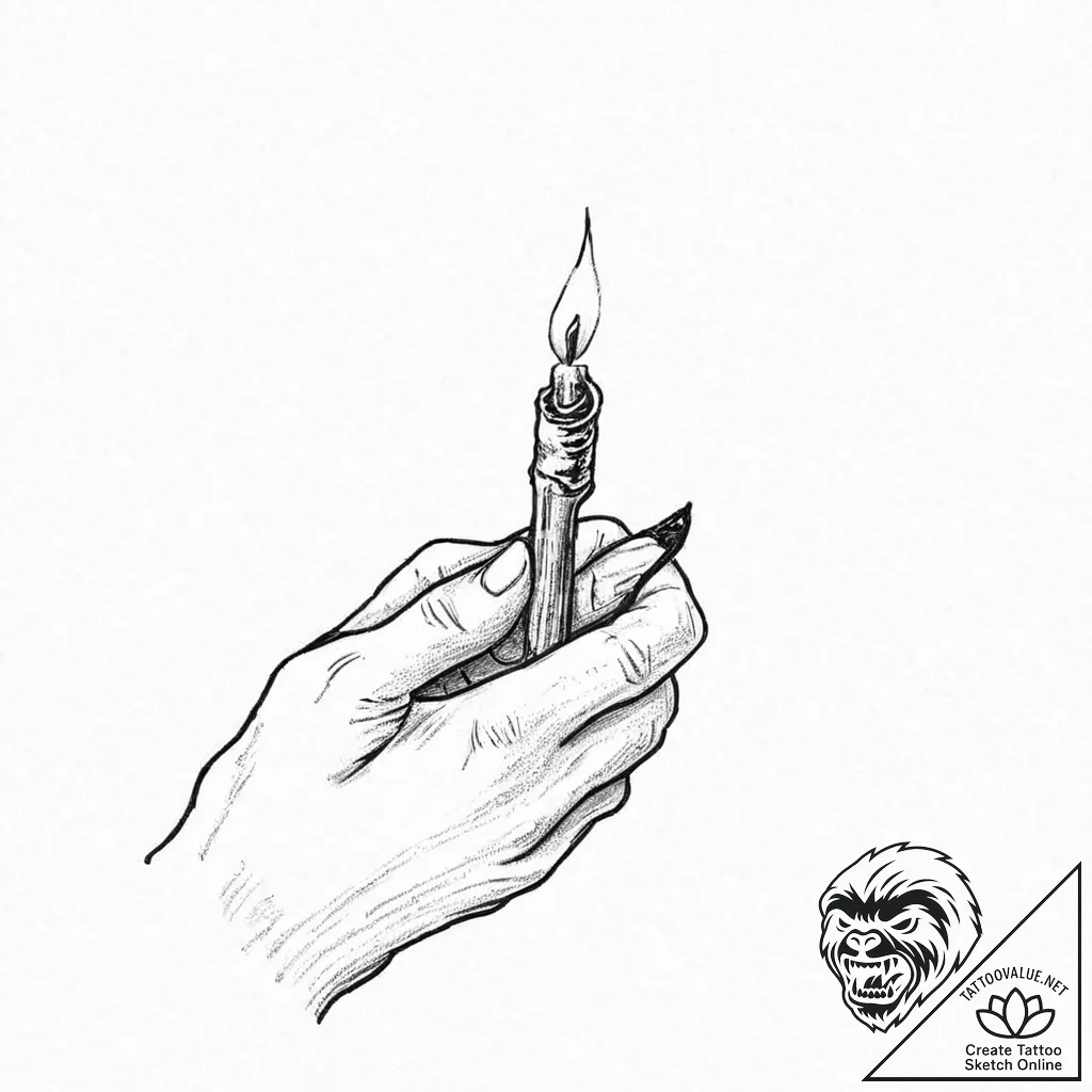 A human hand, holding a single, lit match in... - tattoo sketch (№1752057374_0, 09.07.2025 10:36) — tattoovalue.net