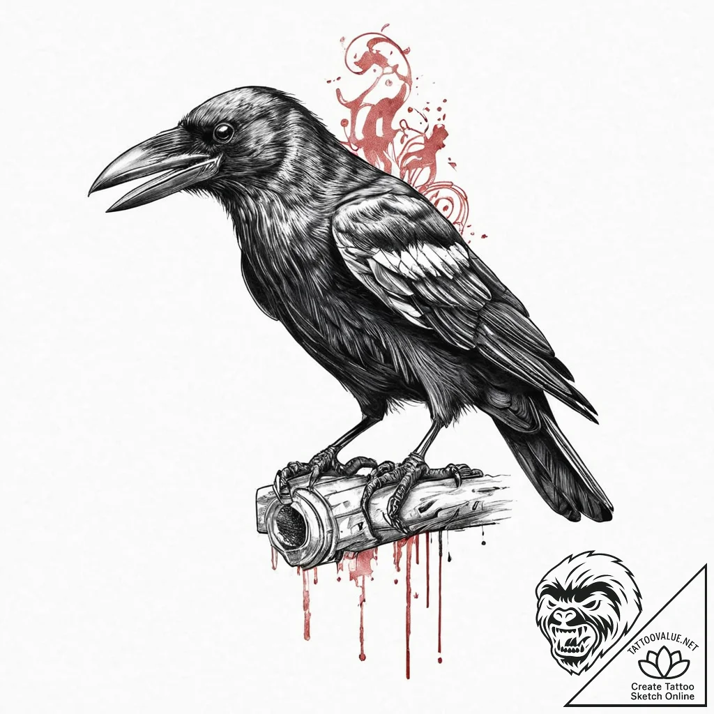 A beautiful, realistic crow, with a single, r... - tattoo sketch (№1752058132_0, 09.07.2025 10:48) — tattoovalue.net