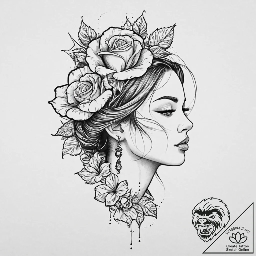 A beautiful, realistic woman's profile, with... - tattoo sketch (№1752058215_0, 09.07.2025 10:50) — tattoovalue.net