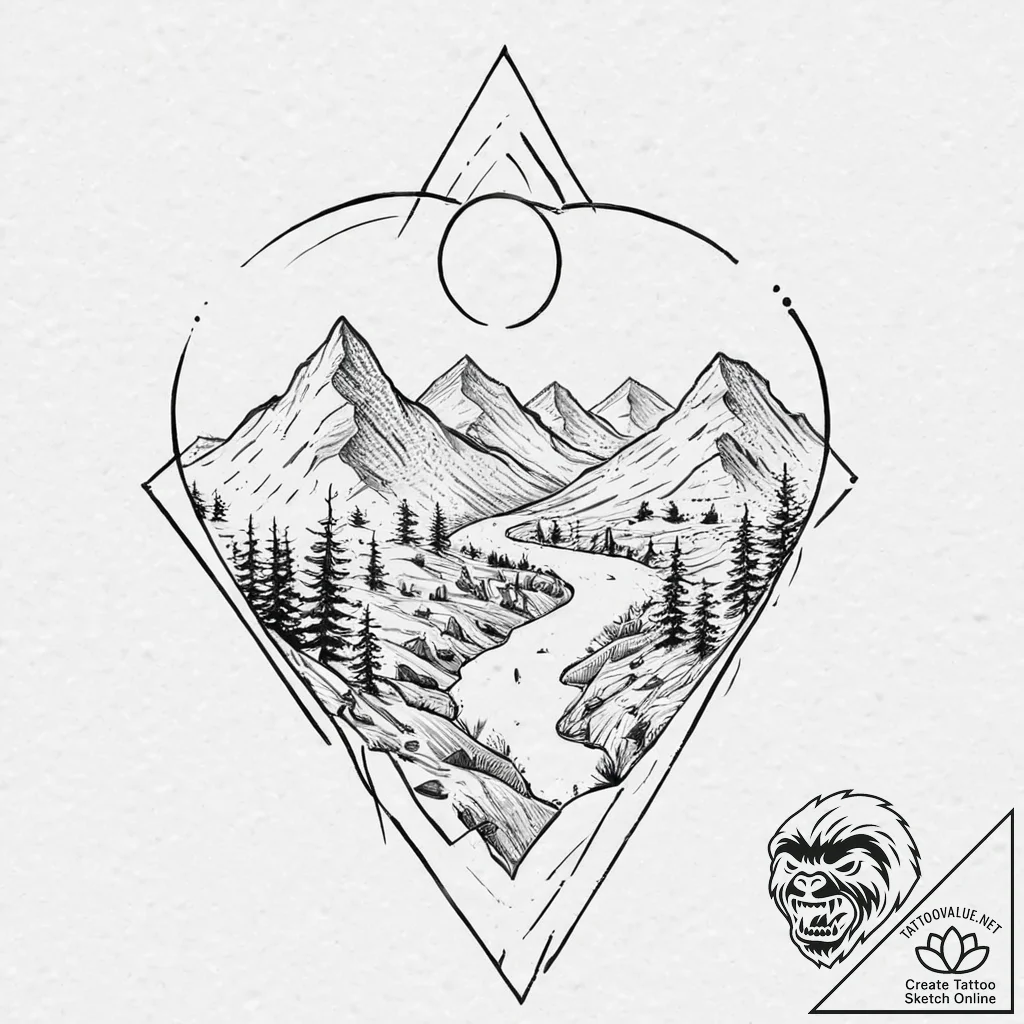 A beautiful, serene landscape of a peaceful v... - tattoo sketch (№1752058382_0, 09.07.2025 10:53) — tattoovalue.net