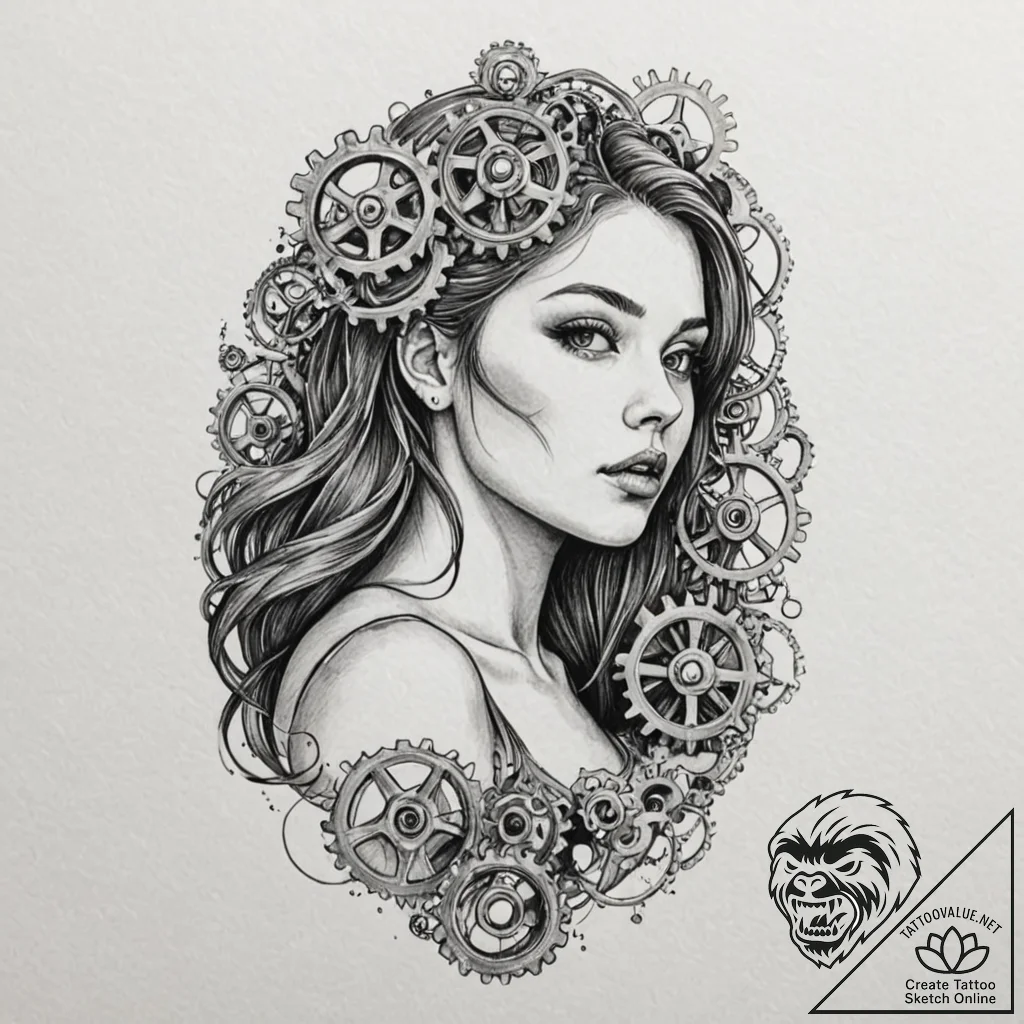 A girl whose body is made of clockwork and ge... - tattoo sketch (№1752060207_0, 09.07.2025 11:23) — tattoovalue.net