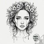 A woman whose tears are tiny, colorful flower… – tattoo sketch (№1752060283_0, 09.07.2025 11:24) — tattoovalue.net