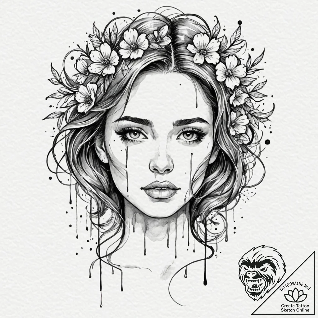 A woman whose tears are tiny, colorful flower... - tattoo sketch (№1752060283_0, 09.07.2025 11:24) — tattoovalue.net