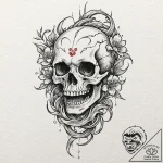 A skull, with a single, red flower growing fr… – tattoo sketch (№1752060364_0, 09.07.2025 11:26) — tattoovalue.net