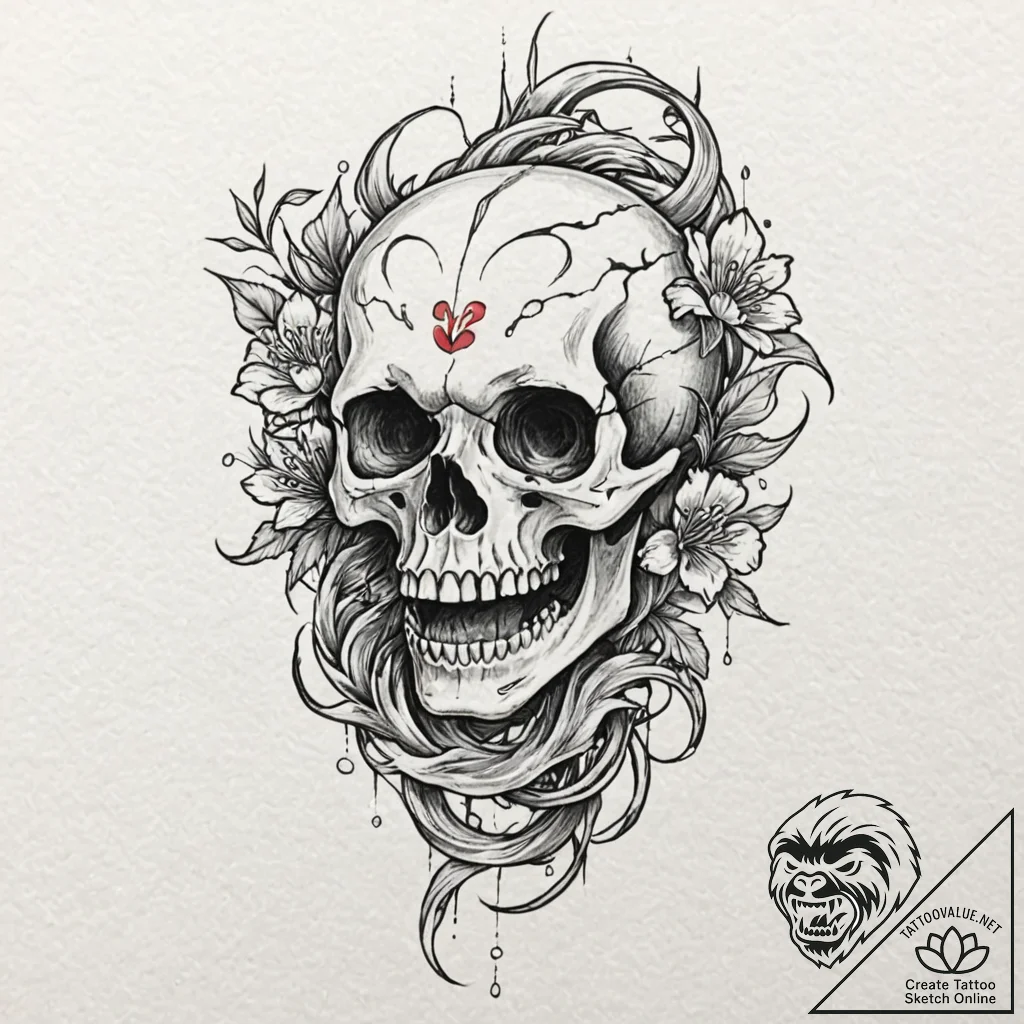 A skull, with a single, red flower growing fr... - tattoo sketch (№1752060364_0, 09.07.2025 11:26) — tattoovalue.net