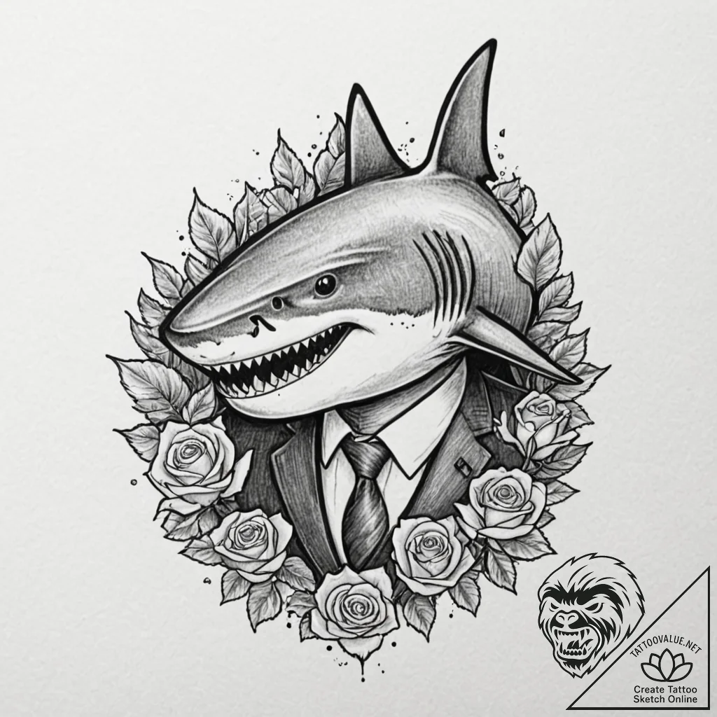 A shark, wearing a sleek, expensive business... - tattoo sketch (№1752061175_0, 09.07.2025 11:39) — tattoovalue.net