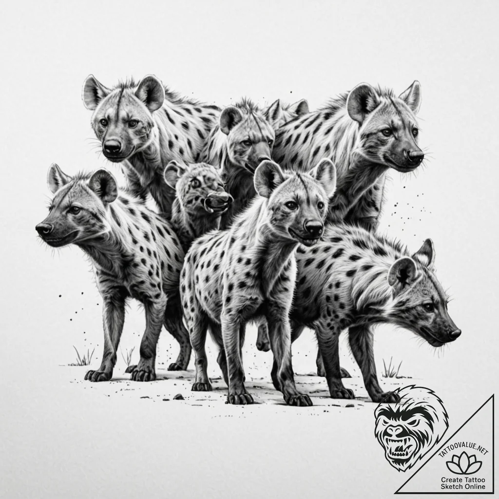 A powerful hunting pack of hyenas, their inte... - tattoo sketch (№1752061954_0, 09.07.2025 11:52) — tattoovalue.net