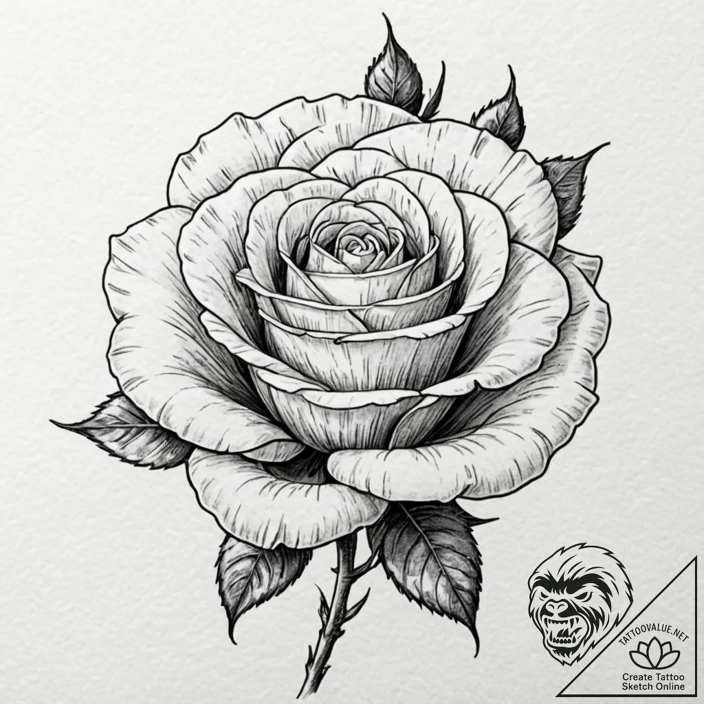 A beautiful, blooming rose, with a single, pe... - tattoo sketch (№1752062676_0, 09.07.2025 12:04) — tattoovalue.net