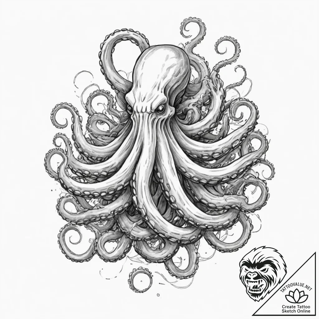 A mythological kraken, its tentacles are powe... - tattoo sketch (№1752063528_0, 09.07.2025 12:18) — tattoovalue.net