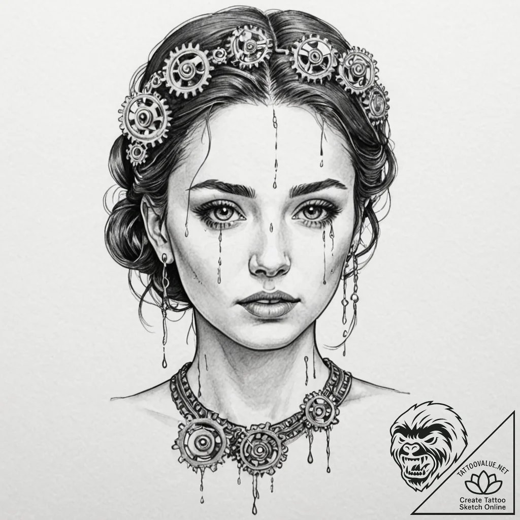 A woman whose tears are tiny, perfect gears - tattoo sketch (№1752064268_0, 09.07.2025 12:31) — tattoovalue.net