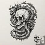 A dragon, coiled tightly around a human skull… – tattoo sketch (№1752064352_0, 09.07.2025 12:32) — tattoovalue.net