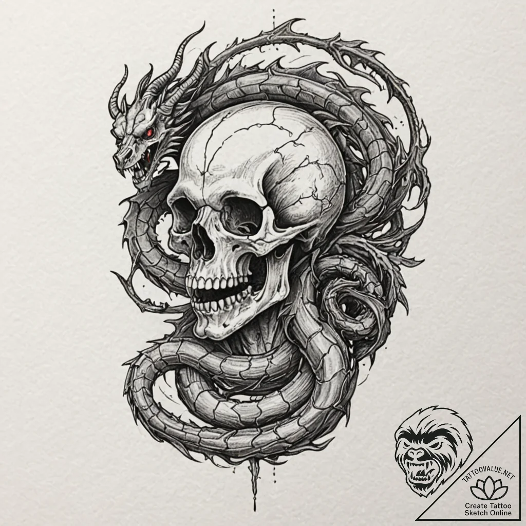 A dragon, coiled tightly around a human skull... - tattoo sketch (№1752064352_0, 09.07.2025 12:32) — tattoovalue.net