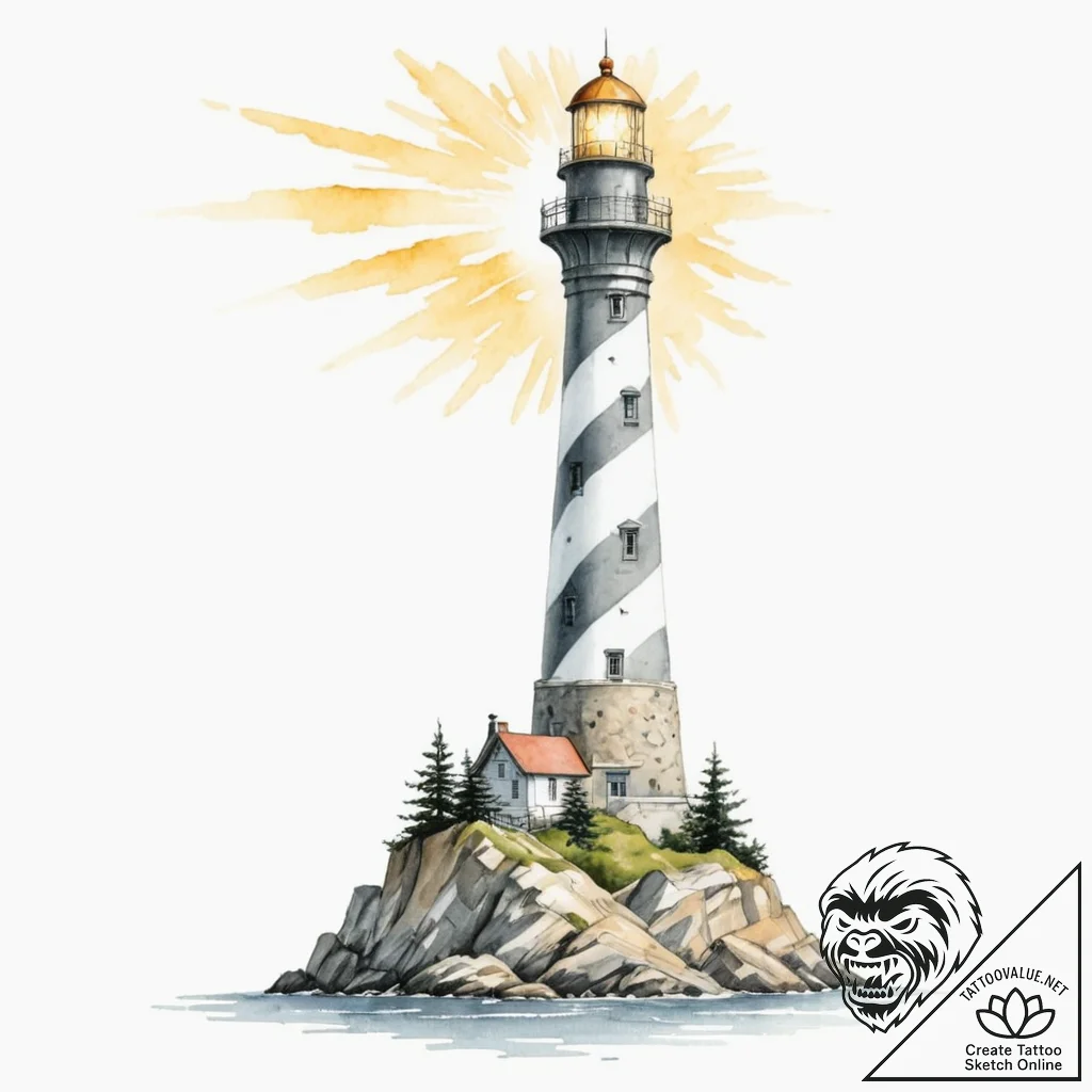 A lighthouse, its light beam is a soft, yello... - tattoo sketch (№1752064438_0, 09.07.2025 12:33) — tattoovalue.net
