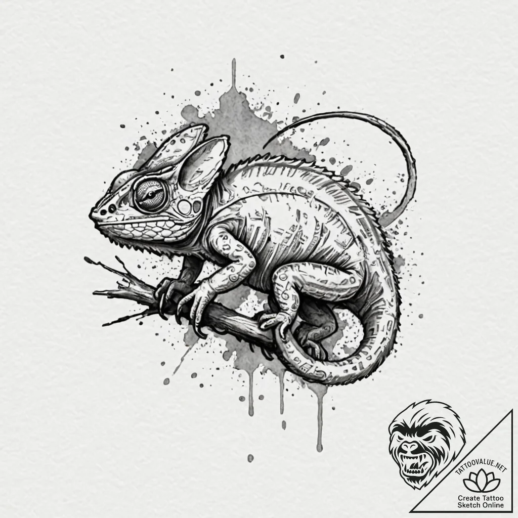 A chameleon, blending into a background of ab... - tattoo sketch (№1752064861_0, 09.07.2025 12:41) — tattoovalue.net