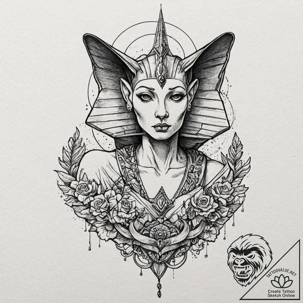 A beautiful, but fierce sphinx, asking a dead... - tattoo sketch (№1752065238_0, 09.07.2025 12:47) — tattoovalue.net