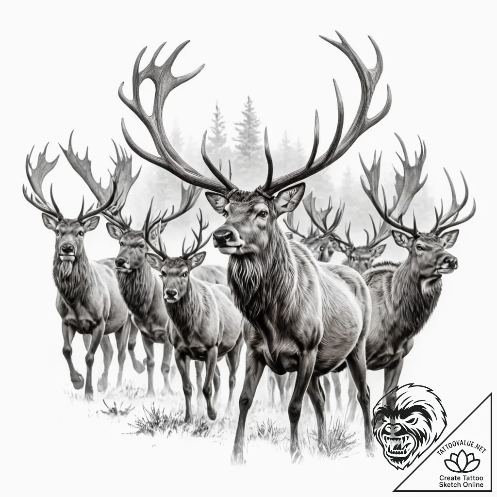 A powerful migratory herd of caribou, moving... - tattoo sketch (№1752065634_0, 09.07.2025 12:53) — tattoovalue.net
