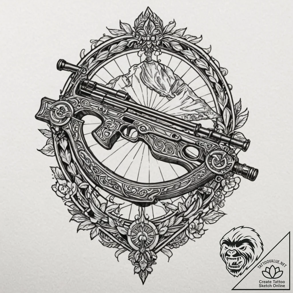 A beautiful, ornate crossbow, loaded and aime... - tattoo sketch (№1752065791_0, 09.07.2025 12:56) — tattoovalue.net