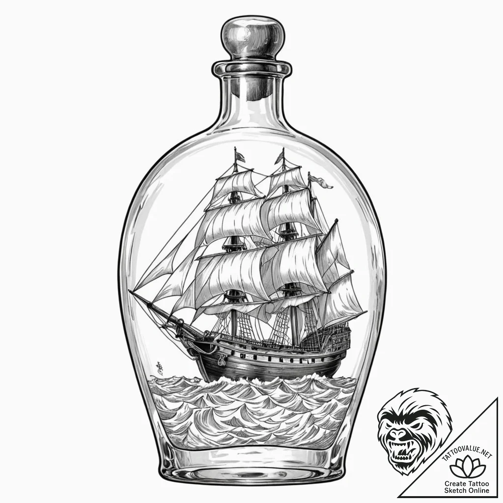 A beautiful, ornate ship in a bottle, but the... - tattoo sketch (№1752066199_0, 09.07.2025 13:03) — tattoovalue.net