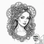 A girl whose body is made of clockwork and ge… – tattoo sketch (№1752067453_0, 09.07.2025 13:24) — tattoovalue.net