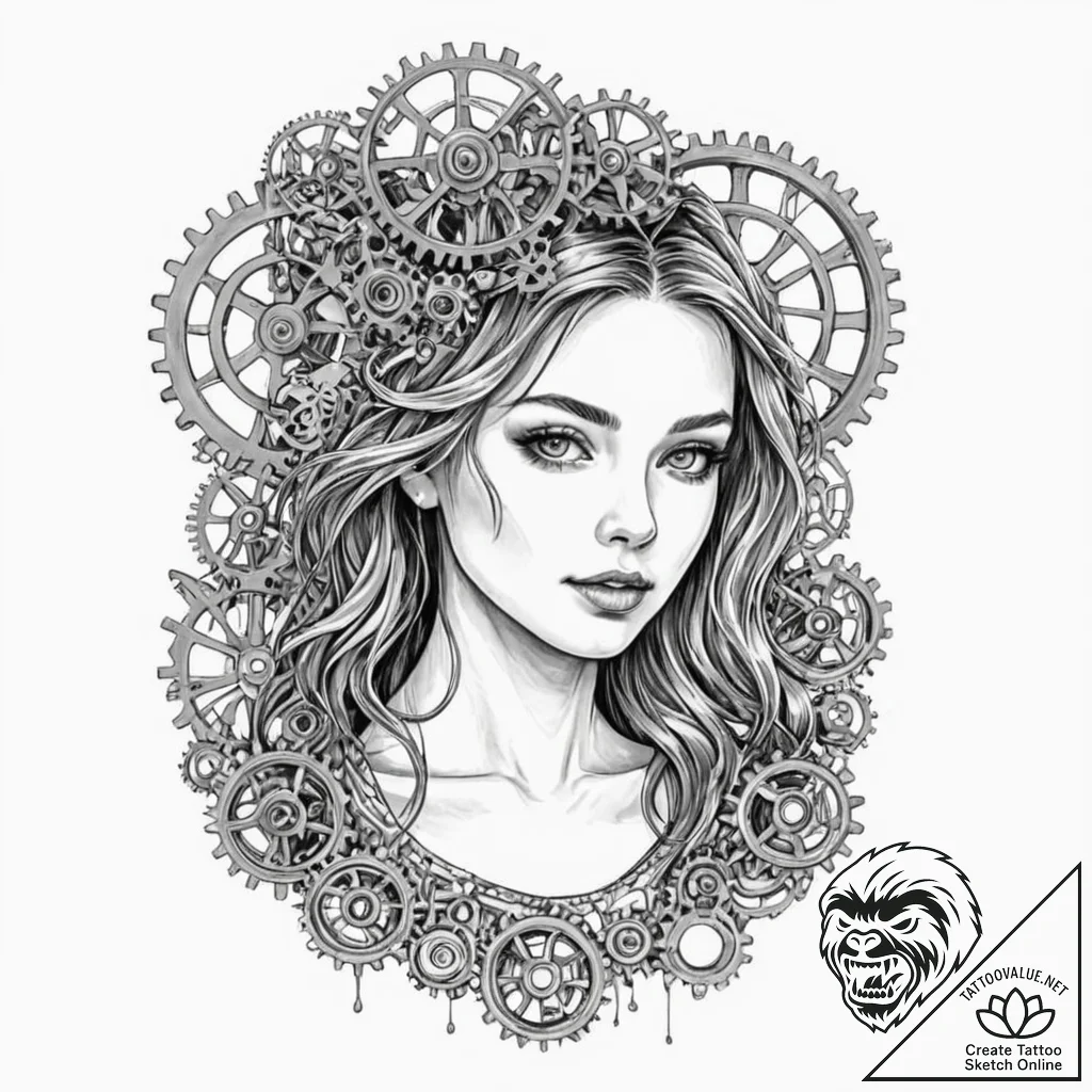 A girl whose body is made of clockwork and ge... - tattoo sketch (№1752067453_0, 09.07.2025 13:24) — tattoovalue.net
