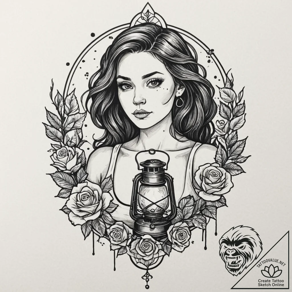 A girl holding a lantern, inside is a tiny, t... - tattoo sketch (№1752067620_0, 09.07.2025 13:27) — tattoovalue.net
