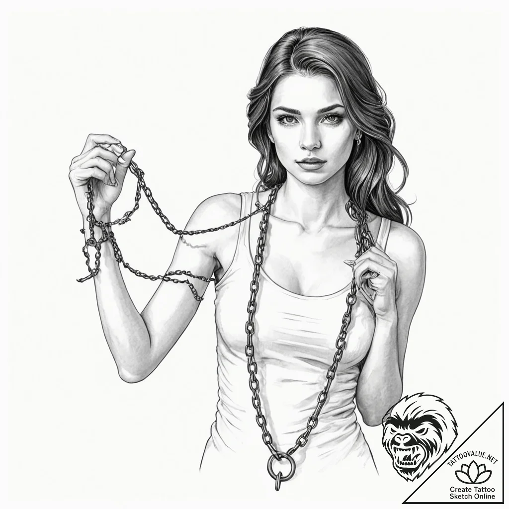 A woman holding a broken chain, symbolizing f... - tattoo sketch (№1752067956_0, 09.07.2025 13:32) — tattoovalue.net