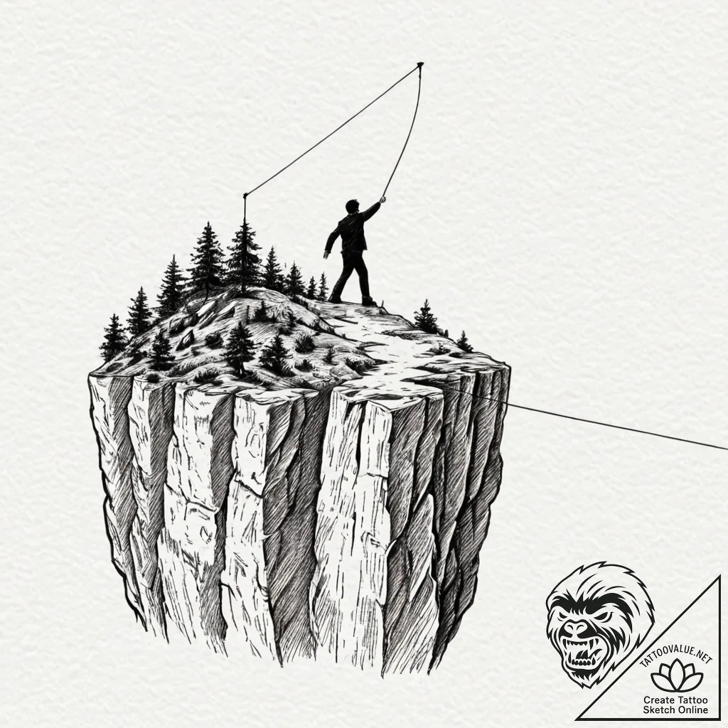 A human silhouette, walking a tightrope betwe... - tattoo sketch (№1752068039_0, 09.07.2025 13:33) — tattoovalue.net