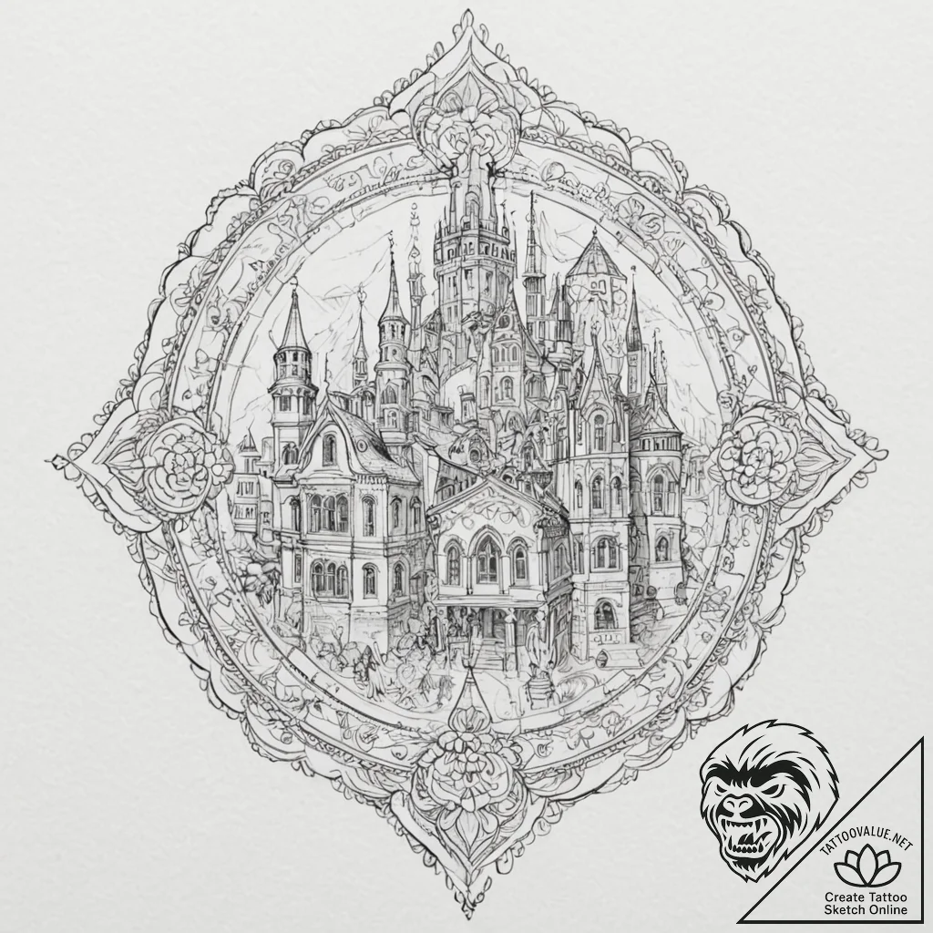 A beautiful, ornate set of architectural blue... - tattoo sketch (№1752068288_0, 09.07.2025 13:38) — tattoovalue.net