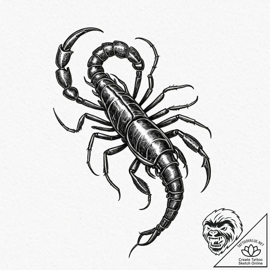 A scorpion, its stinger is a glowing, venomou... - tattoo sketch (№1752068372_0, 09.07.2025 13:39) — tattoovalue.net