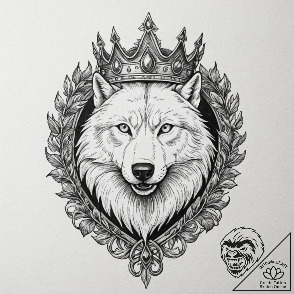 A snarling wolf, wearing a king's crown made... - tattoo sketch (№1752068999_0, 09.07.2025 13:49) — tattoovalue.net