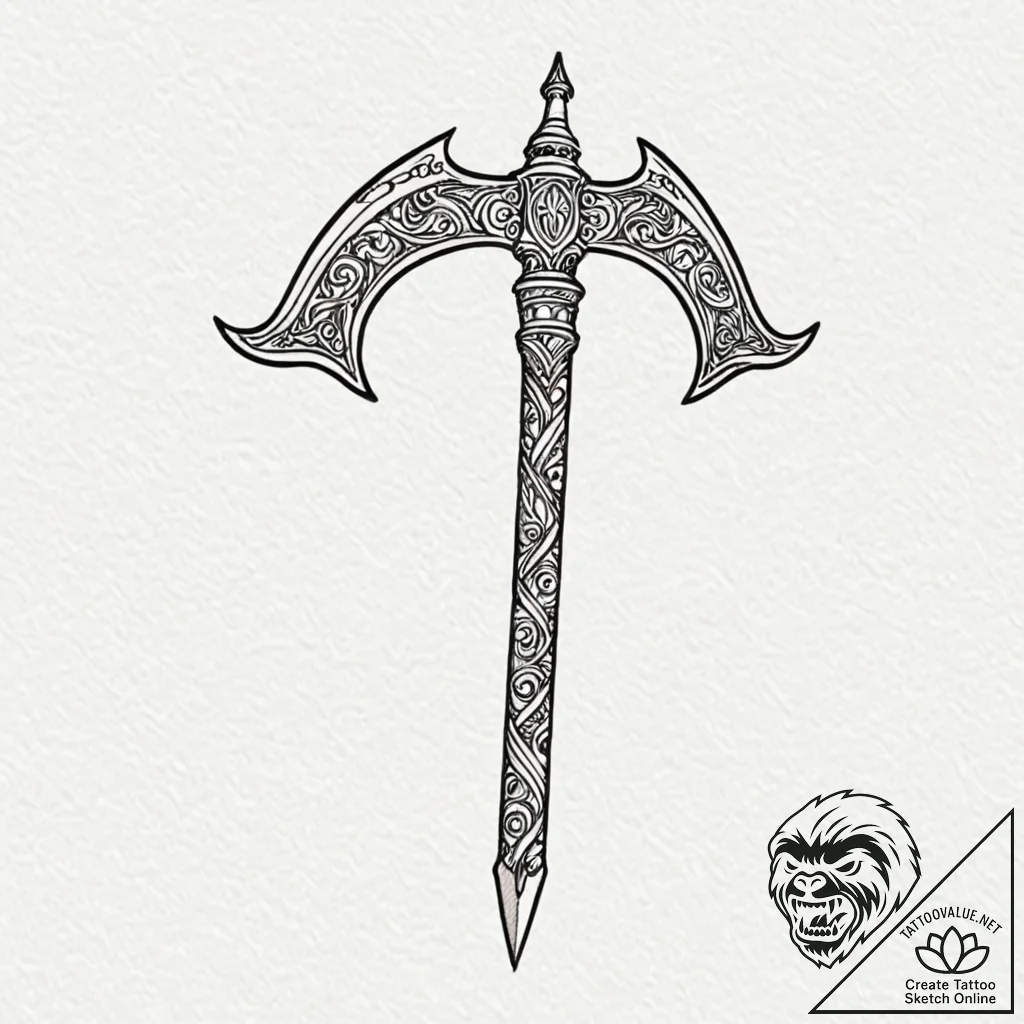 A beautiful, ornate battle axe, its blade is... - tattoo sketch (№1752069330_0, 09.07.2025 13:55) — tattoovalue.net